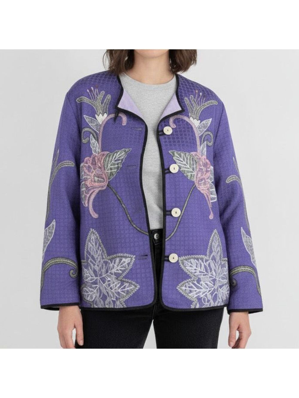 NWT Alex Kim Womens 3X Button Up Floral Embroidered Purple Lightweight Jacket